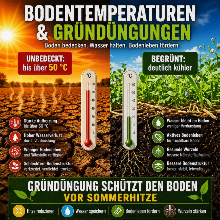 Bodentemperaturen im Sommer – unbedeckter Boden heiss und trocken, begrünter Boden kühl und wasserhaltend durch Gründüngung